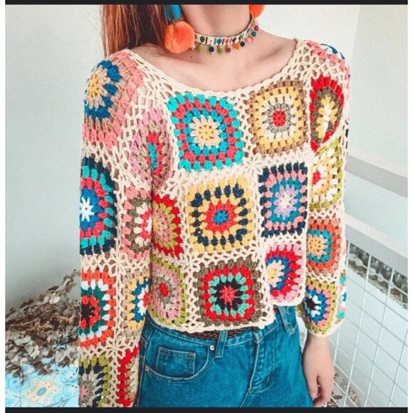Crochet Granny Square Multicolor Sweater By Sincerely Jules Long Sleeve Boho Vin - Picture 1 of 10